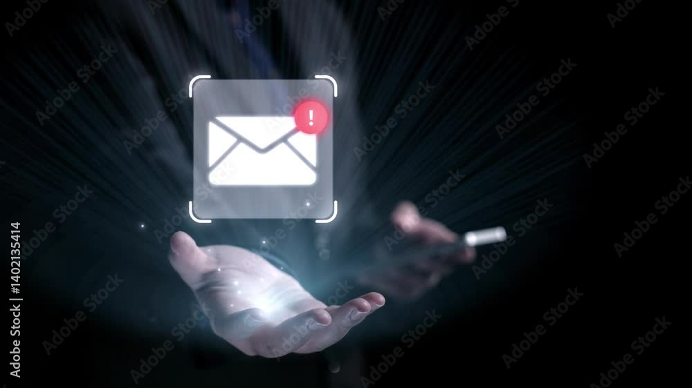 Poster business person checking email inbox, organizing and prioritizing messages for better productivity. 