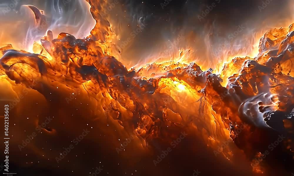Wall mural ethereal nebula in space with fiery orange and gold hues illuminating a dark cosmic background