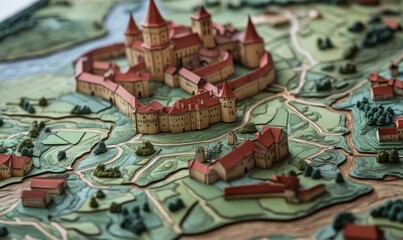 Obraz premium Medieval castle model, landscape detail, tabletop game, historical education