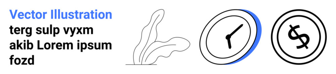 Abstract plant symbolizes growth, clock shows time management, and coin denotes financial focus. Ideal for business, finance, time management, growth, success, economics and abstract line flat