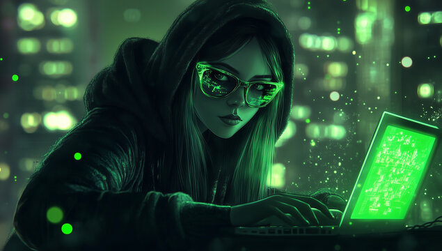 Woman with Hacker Attack, Girl hacker, Teenage girls hackers, Hacker attack, Green background.