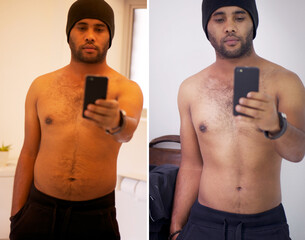 Weightloss, photo and man with diet results, progress and transformation in home. Fitness, before...