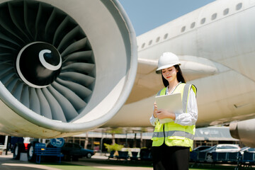 Female aircraft inspector inspects the condition of the aircraft.