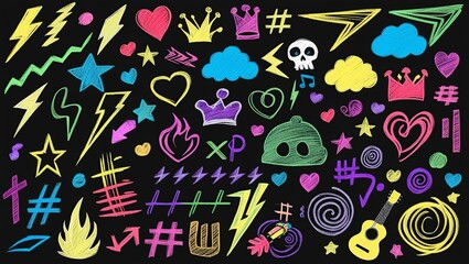 Naklejka premium Set of Vibrant Sketchy Icons and Elements