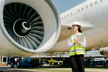Female aircraft inspector inspects the condition of the aircraft.