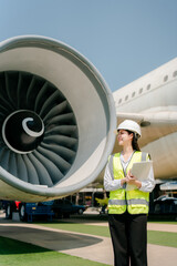 Female aircraft inspector inspects the condition of the aircraft.