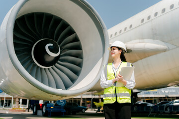Female aircraft inspector inspects the condition of the aircraft.