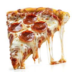 A thick slice of deep dish pepperoni pizza with gooey mozzarella crispy crust and rich tomato sauce, isolated white background, hyperrealism art style