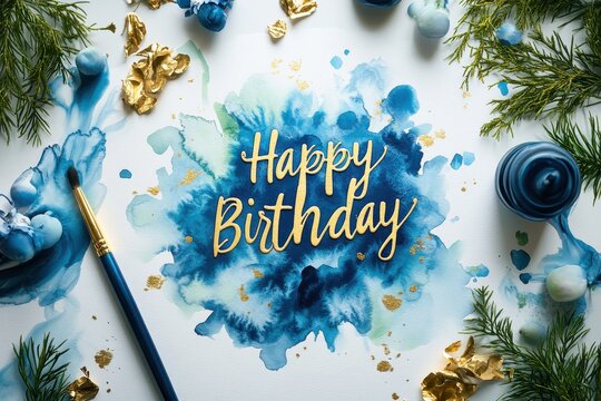 Watercolor Happy Birthday Card with Gold Lettering and Artistic Blue Splash Design