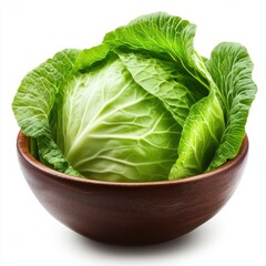 Fototapeta premium Fresh Green Cabbage in Wooden Bowl Isolated White Background Healthy Food Ingredient