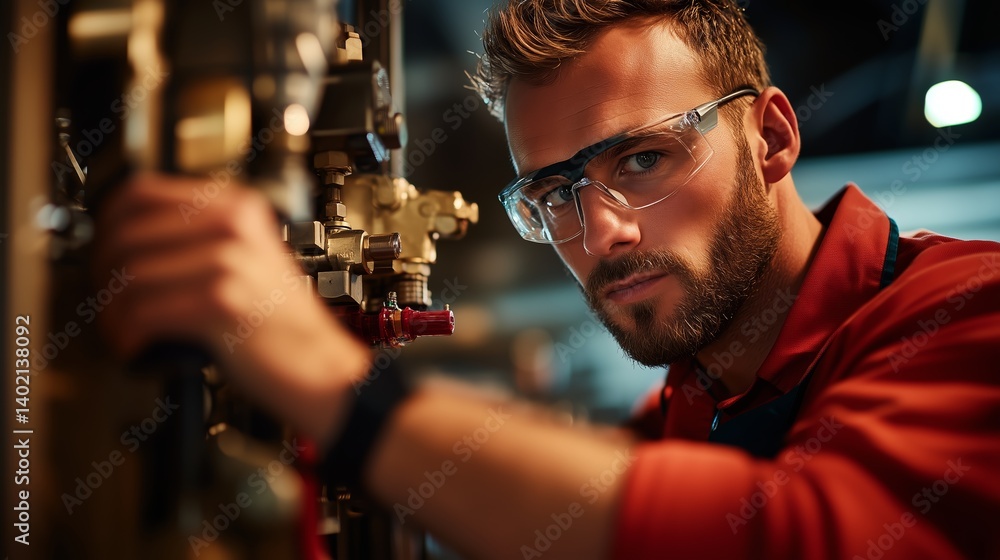 Aufkleber engineer working on machinery in a workshop during evening hours with focused expression and safety 