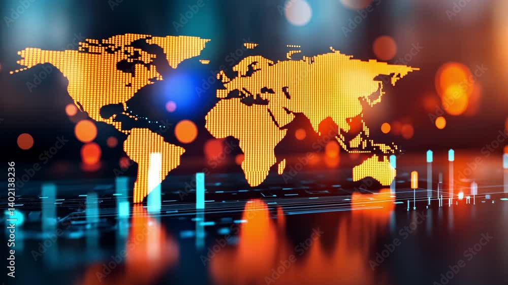 Poster digital world map glowing orange continents and blue data points showcasing global connectivity and 