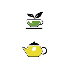 Black tea leaves icons. Hot drink cup, cold iced tea and teapot with steam pictogram. Organic herbal or mint teas logotype, eco leaf tea sign and teapot. Isolated icon vector set