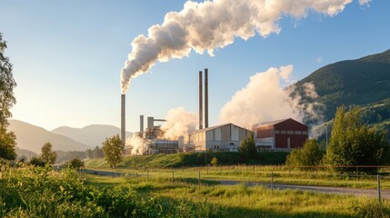 Industrial Factory with Smoke Emission in Mountain Landscape