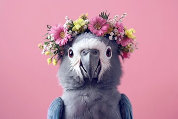 Fototapeta premium Cute baby animal macaw wearing primal flower crown on its head - symbol of sunny holiday season. Isolated pink background, copy space, promotion creative. Joyful wild animal in flower crown.