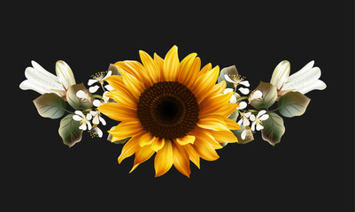 Beautiful floral decor with white flowers and sunflower on the black background.
