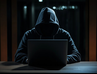 A dark-hooded hacker sits at a desk, facing multiple computer monitors, Computer programmer, Hacker stealing information, Internet crime, Rear view, Hacker, Thief, A programmer, Software engineer.