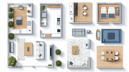 Modern apartment floor plan aerial view for interior design and architecture visualization inspiration