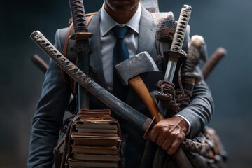 A businessman carrying various weapons such as samurai sword in hand, axe, shield, concept of being well prepared and  with various tools in facing any challenges 