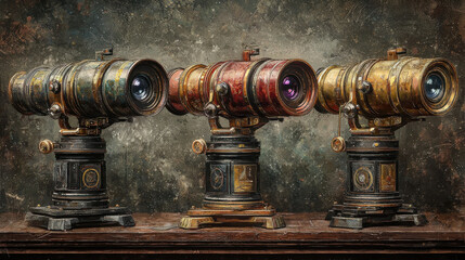 Vintage camera lenses on ornate stands with rustic background