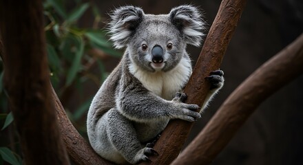 Naklejka premium Australian Koala Grip, Furry Ears, Branch Perch, Wildlife Portrait