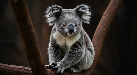 Fototapeta premium Australian Koala Perched on Branch, Soft Fur, Dark Background, Animal Portrait, Natural Habitat.