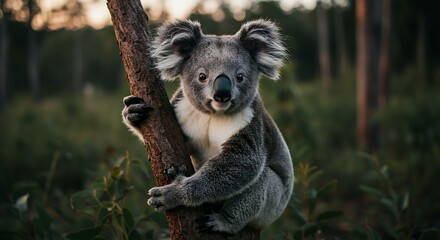 Obraz premium Gray Koala Clinging to Tree Trunk in Australian Bushland at Sunset, Soft Light