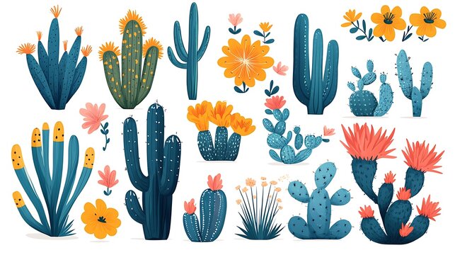 Colorful Potted Plants Illustration, Illustration of five potted plants with colorful flowers and leaves in various shapes