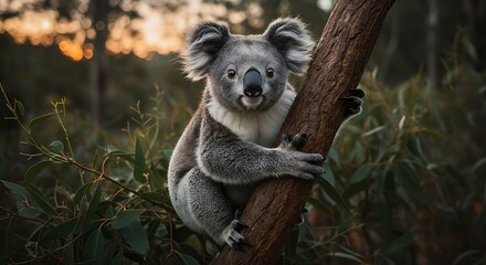 Obraz premium Koala clinging to a eucalyptus branch, soft sunset light filtering through the Australian bush.