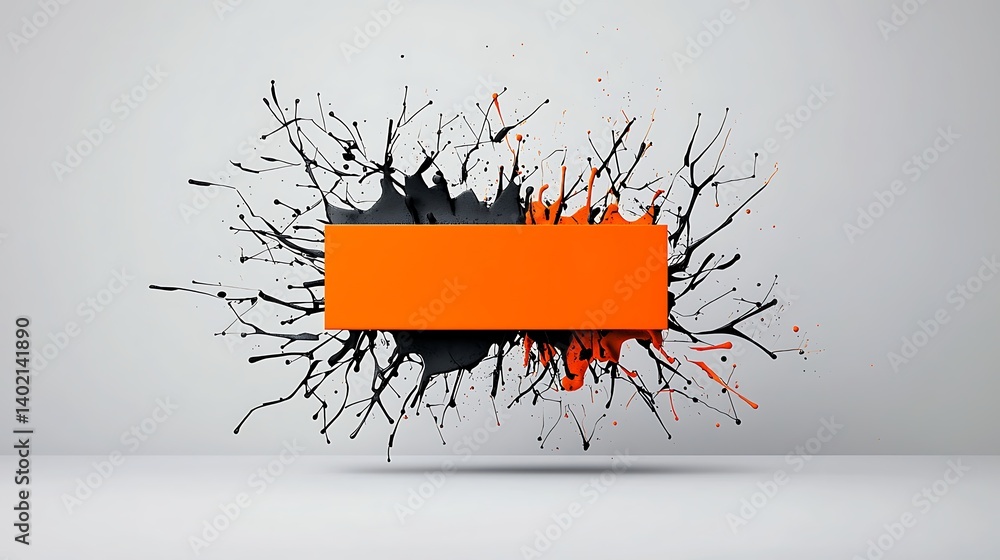 Aufkleber an abstract art piece featuring an orange rectangular shape surrounded by splatters of black and ora