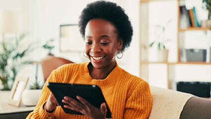 Home, streaming and woman with tablet, smile and subscription to app for entertainment and living...