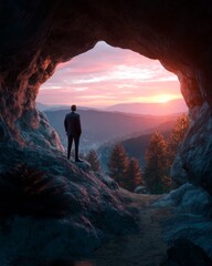 Fototapeta premium A closeup rear view of a businessman standing at the entrance of a cave, looking out at the stunning sunrise mountain view 