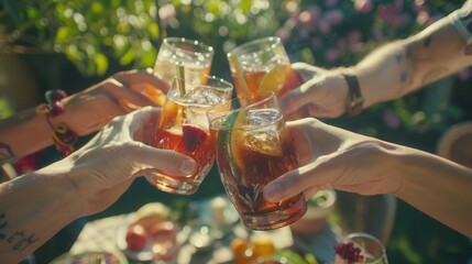 Joyful Summer Backyard Party with Friends Toasting Refreshing Drinks and Grilled Food