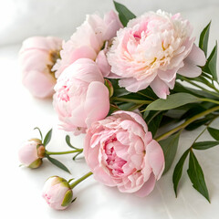 Fototapeta premium a delicate cluster of soft pink peonies with lush green leaves