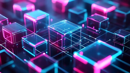 Obraz premium Abstract Neon Cubes with Digital Network for future data structure science connection electronic innovation modern concept.