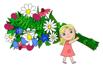 vector cartoon girl and big bouquet. Clipart isolated on transparent background. 
