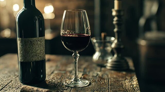 Red wine in glass, bottle, candlelit rustic setting