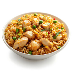 Golden and crispy chicken fried rice with perfectly seasoned rice and tender chicken pieces, isolated white background, hyperrealism art style