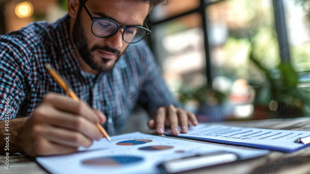 Aufkleber man analyzing business charts and graphs for financial planning and investment strategy development 
