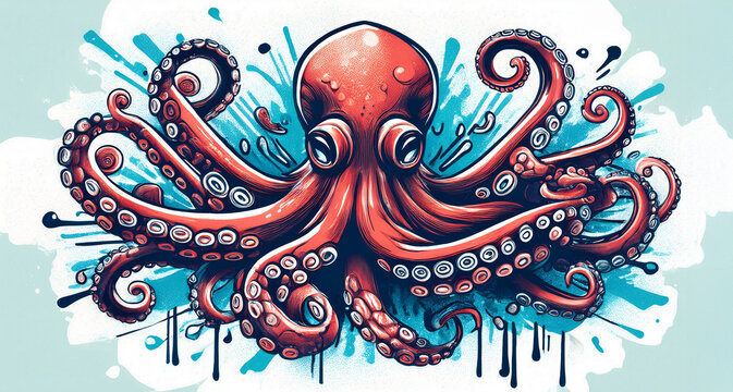Une pieuvre graphique dans un style bande dessin&eacute;e sur fond blanc.