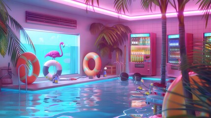 ピクセル化されたネオンライトプール内 フラミンゴ浮き輪とヤシの木 鮮やかな色合いとレトロな雰囲気の夏の室内シーン