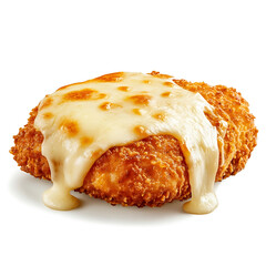 Golden and crispy chicken parmesan with a crunchy breadcrumb coating and melted cheese, isolated white background, hyperrealism art style