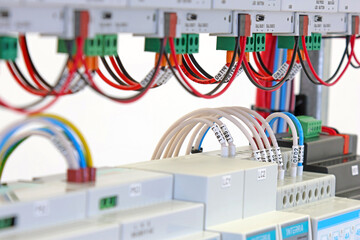 Electrical units with wires connected in the electrical switchboard. 