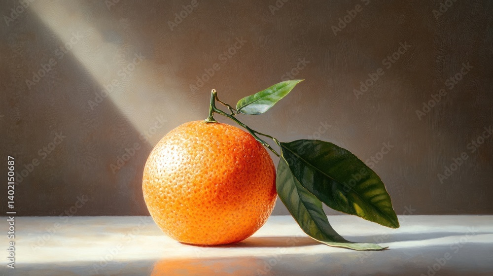 Poster a vibrant tangerine rests on a table, adorned with green leaves while soft light illuminates it from