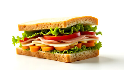 A delicately sliced, crystal-clear transparent bread, revealing an intricate, alternating arrangement of vibrant vegetable layers, including emerald green lettuce, crimson red bell peppers