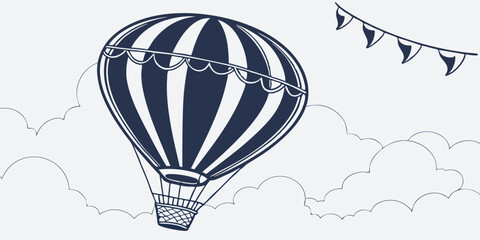 A simple navy blue and white  illustration of a hot air balloon  vector illustration.
