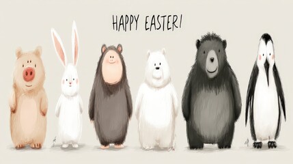 Obraz premium Cute Easter Animals Bunny Pig Bears Penguin Illustration