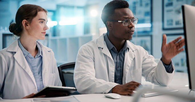 Computer, scientist and team discussion for medical healthcare, pharma innovation and test. Tablet, science research and collaboration with people in laboratory for planning chemistry experiment
