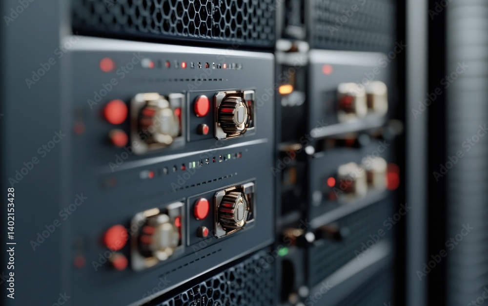 Poster dark gray server rack with red indicator lights