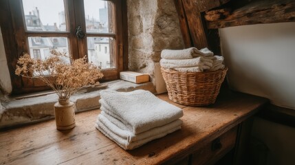 Rustic Cottage Room  Wooden Table  Towels  Window View